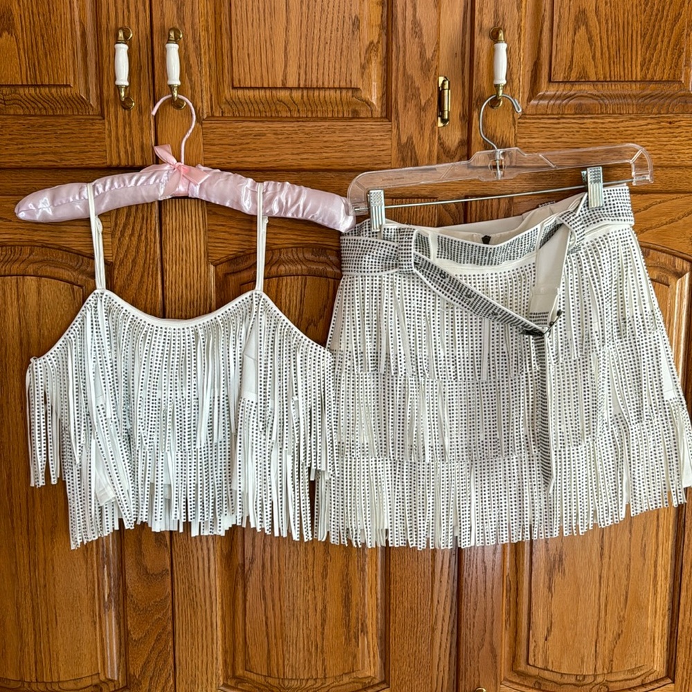 Nylon sparkly fringe skirt and top (white) only worn once!
